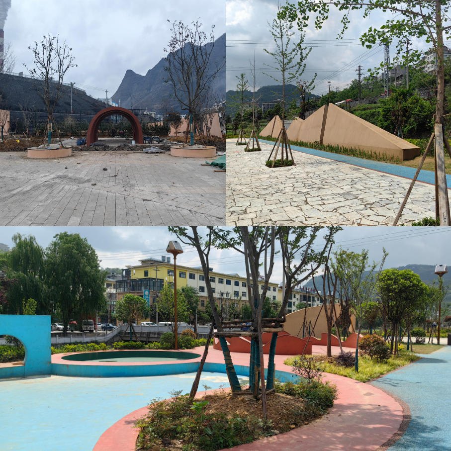 施工现场实景：弧形景墙与彩色沥青步道